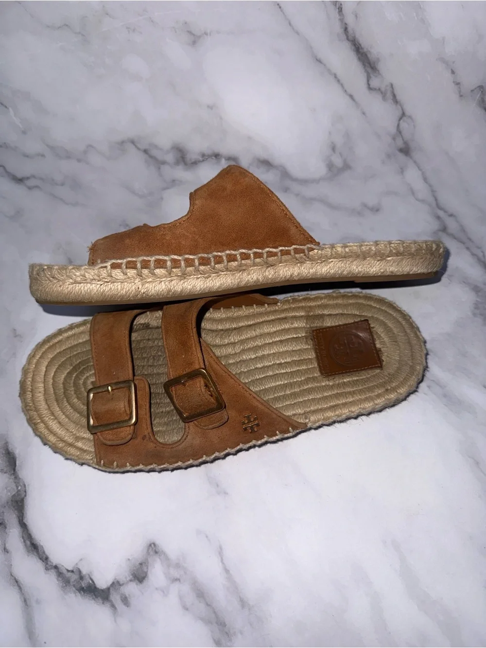 Tory Burch Tan Suede Double-Buckle Espadrille Slide Sandals